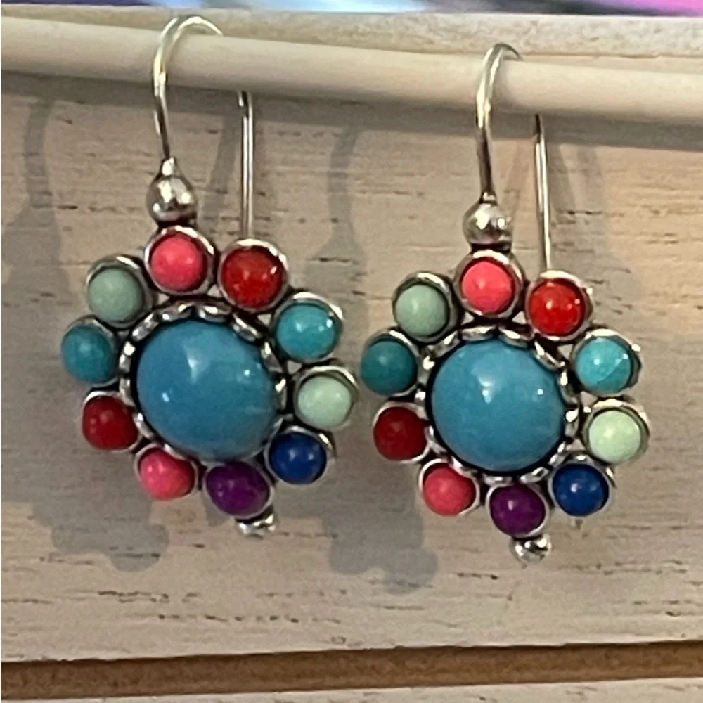 Mixed Stone Silvertone Pendant Bead Boho Turquoise Blue Colorful Dangle Earrings - Picture 4 of 7